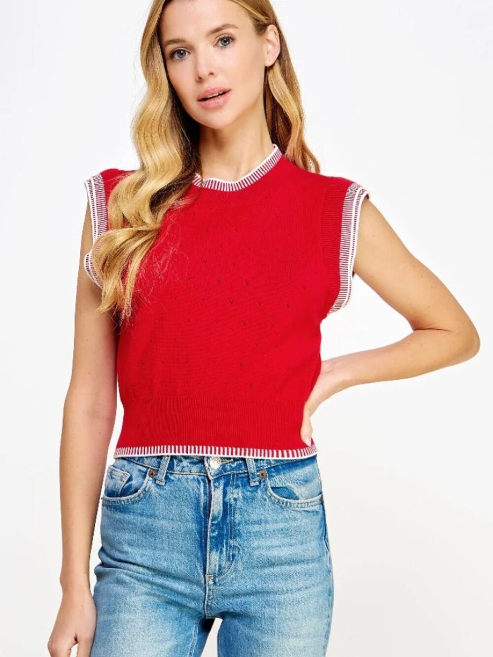 Pants Store Red Cream Pointelle Knit Cropped Sweater Vest Large